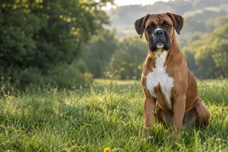 A fawn Boxer with floppy ears sitting in a sunlit meadow